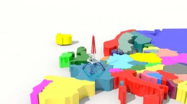 Animasyon 3d harita Avrupa ile Eyfel Kulesi renkleri Fransa