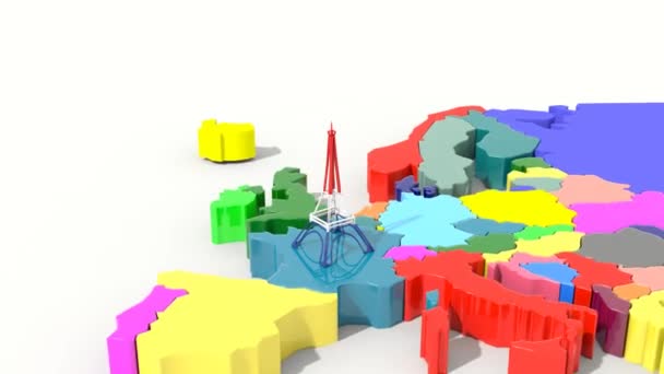 Animación Mapa 3D Europa con colores de torre Eiffel Francia — Vídeos de Stock