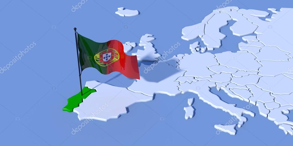 Foto De Stock Mapa De Europa, Portugal Com Bandeira, Royalty-Free