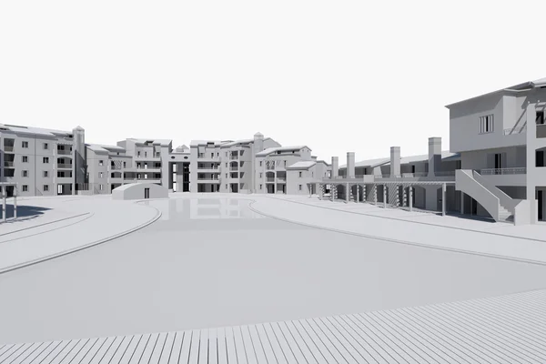 Modelowanie 3D budynku wewnątrz i na zewnątrz, z meblami — Zdjęcie stockowe