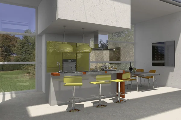 Modelado 3D interior y exterior del edificio, con muebles — Foto de Stock