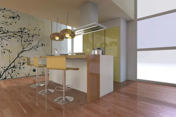 Modelado 3D interior y exterior del edificio, con muebles — Foto de Stock