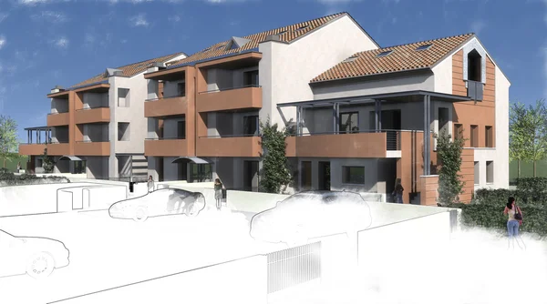 Modellazione 3D interno ed esterno dell'edificio, con mobili — Foto Stock