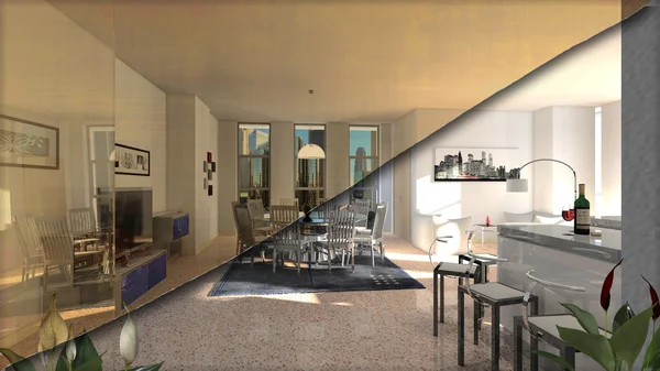 Modelado 3D interior y exterior del edificio, con muebles — Foto de Stock