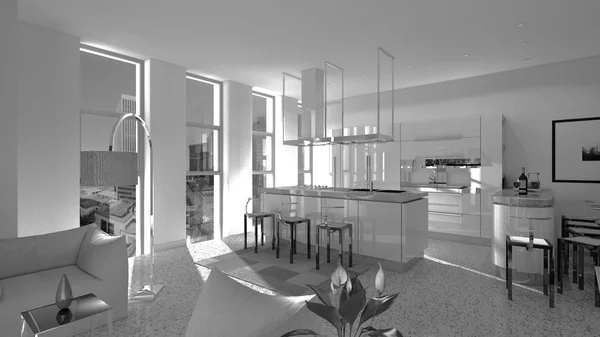 3D-Modellierung Gebäude innen und außen, mit Möbeln — Stockfoto