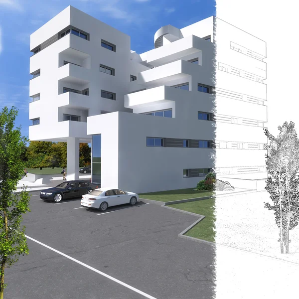 Modellazione 3D interno ed esterno dell'edificio, con mobili — Foto Stock