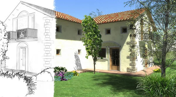 Modellazione 3D interno ed esterno dell'edificio, con mobili — Foto Stock