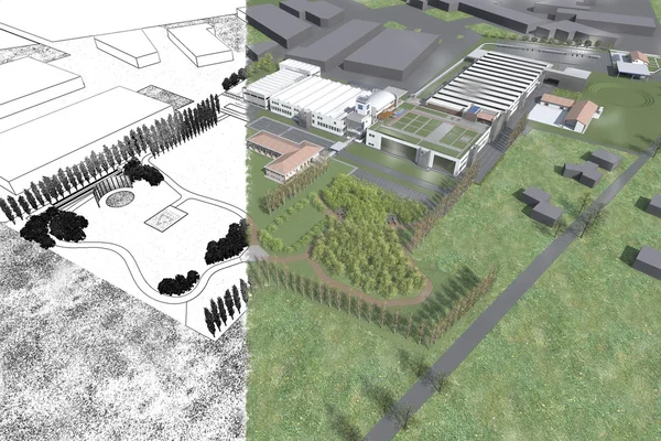 Modelado 3D interior y exterior del edificio, con muebles — Foto de Stock