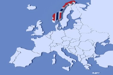 Avrupa harita 3d kabartma Norveç bayrağı renkleri