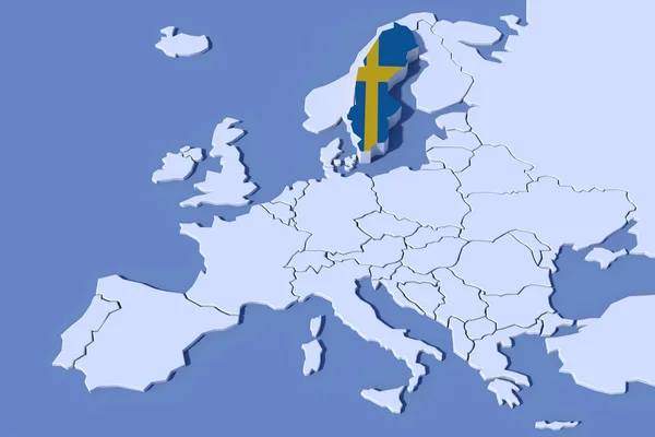 Európa Térkép 3d megkönnyebbülés Svédország lobogója színek — Stock Fotó