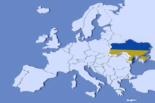 Europe Map 3D Relief Ukraine flag colors