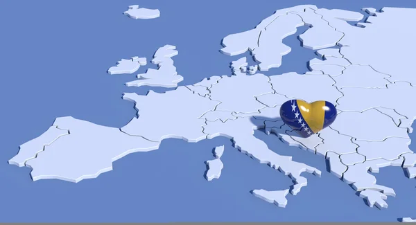 Europa karta 3d med hjärtat Bosnien — Stockfoto