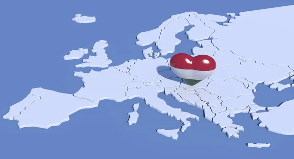 Europa kaart 3d met hart Hongarije — Stockfoto
