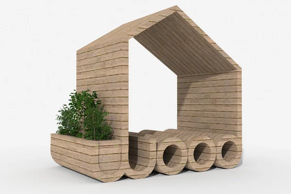 Logo 3D shape with wood building — Stock Photo, Image