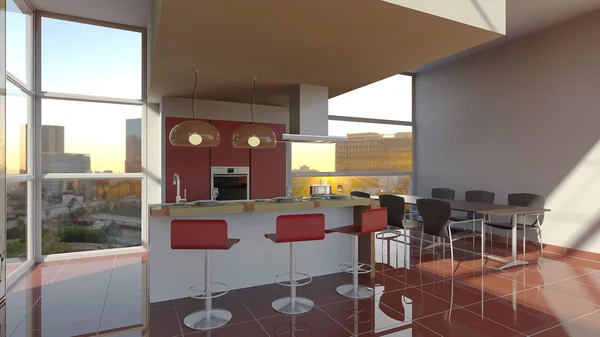 Muebles 3D interior de la cocina con grandes ventanales — Foto de Stock