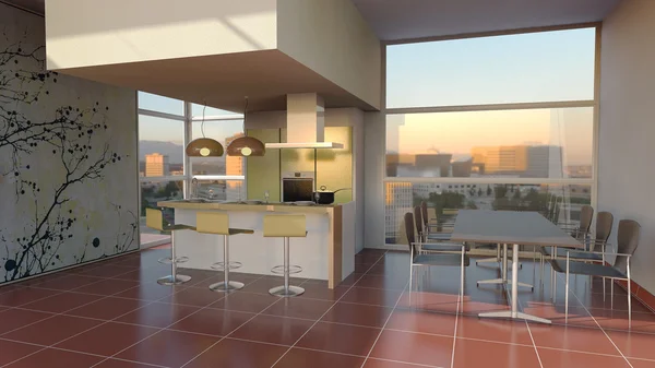 Muebles 3D interior de la cocina con grandes ventanales — Foto de Stock