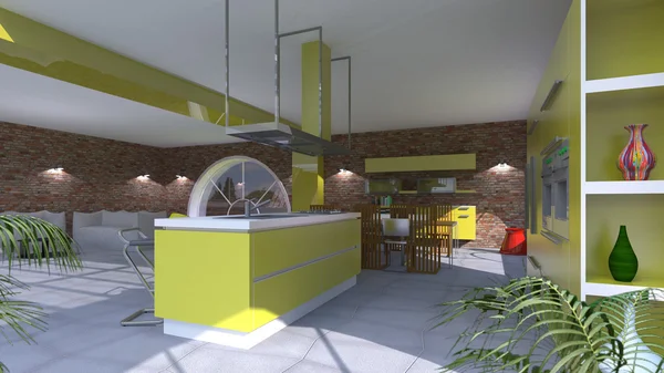 Mobiliário 3D interior da cozinha com grandes janelas — Fotografia de Stock