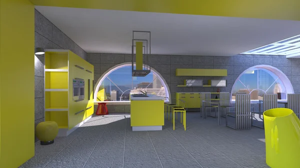 Mobilya mutfak büyük pencereler ile 3d iç — Stok fotoğraf