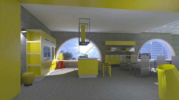 Mobilya mutfak büyük pencereler ile 3d iç — Stok fotoğraf