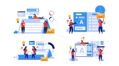 Her şeye bağlanmak için bir sürü insanı alet kullanarak ayarlayın. Web sitesi geliştirme, uygulamalar veya sosyal medya reklamları için yaşam tarzı veya iş konseptine sahip element tasarımı.