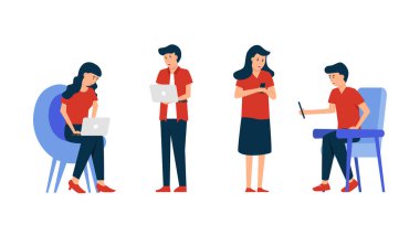 Her şeye bağlanmak için bir sürü insanı alet kullanarak ayarlayın. Web sitesi geliştirme, uygulamalar veya sosyal medya reklamları için yaşam tarzı veya iş konseptine sahip element tasarımı.