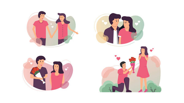 Set bundle of couple in love. Romantic couples on date for the feast of Saint Valentine. Element design with lifestyle or romantic concept for website development or social media advertising.
