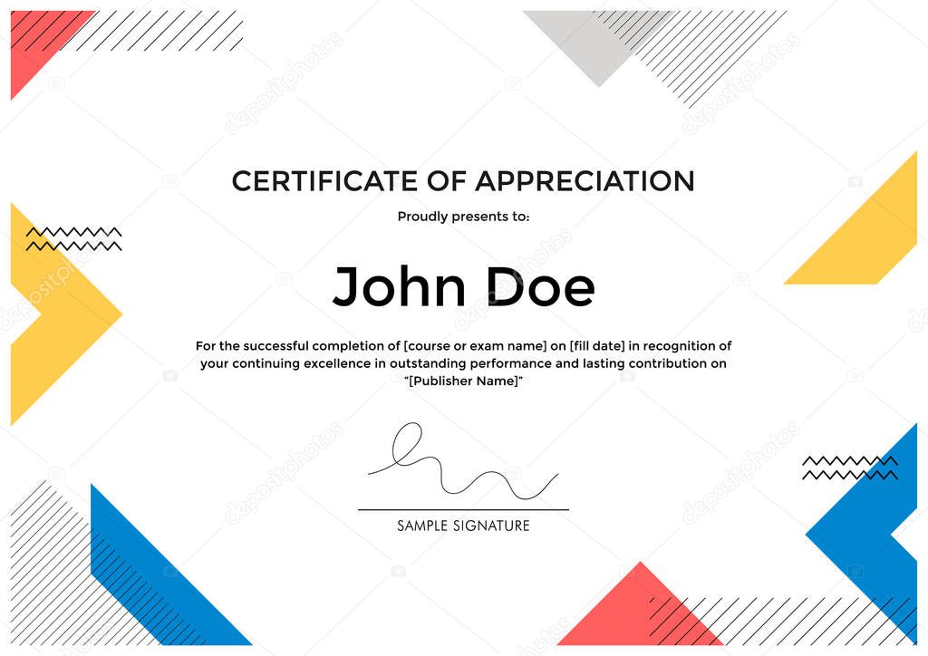 Certificate of Appreciation template with abstract geometric memphis style design.