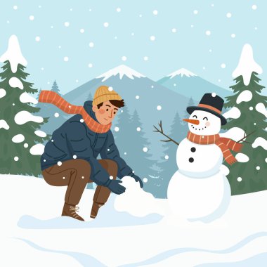 Man Building a Snowman in a Snowy Mountain Landscape. WInter season illustration for social media post, banner, or presentation.