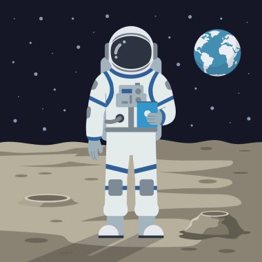 Astronotlar Ay 'a ayak basar ve arka planda Dünya' yı görürler.