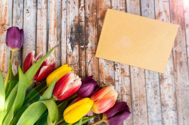 Ahşap arka planda güzel laleler. Bahar laleleri ve Mektubu. Tebrik kartı. Metin için alanı kopyala.