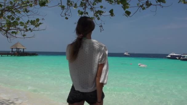 Mujer que llega al paraíso junto al mar — Vídeo de stock
