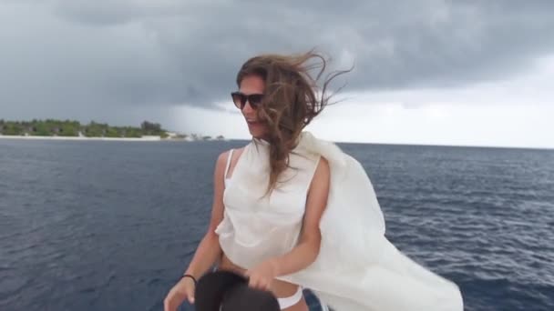 Girl on a yacht in sea — Stock Video