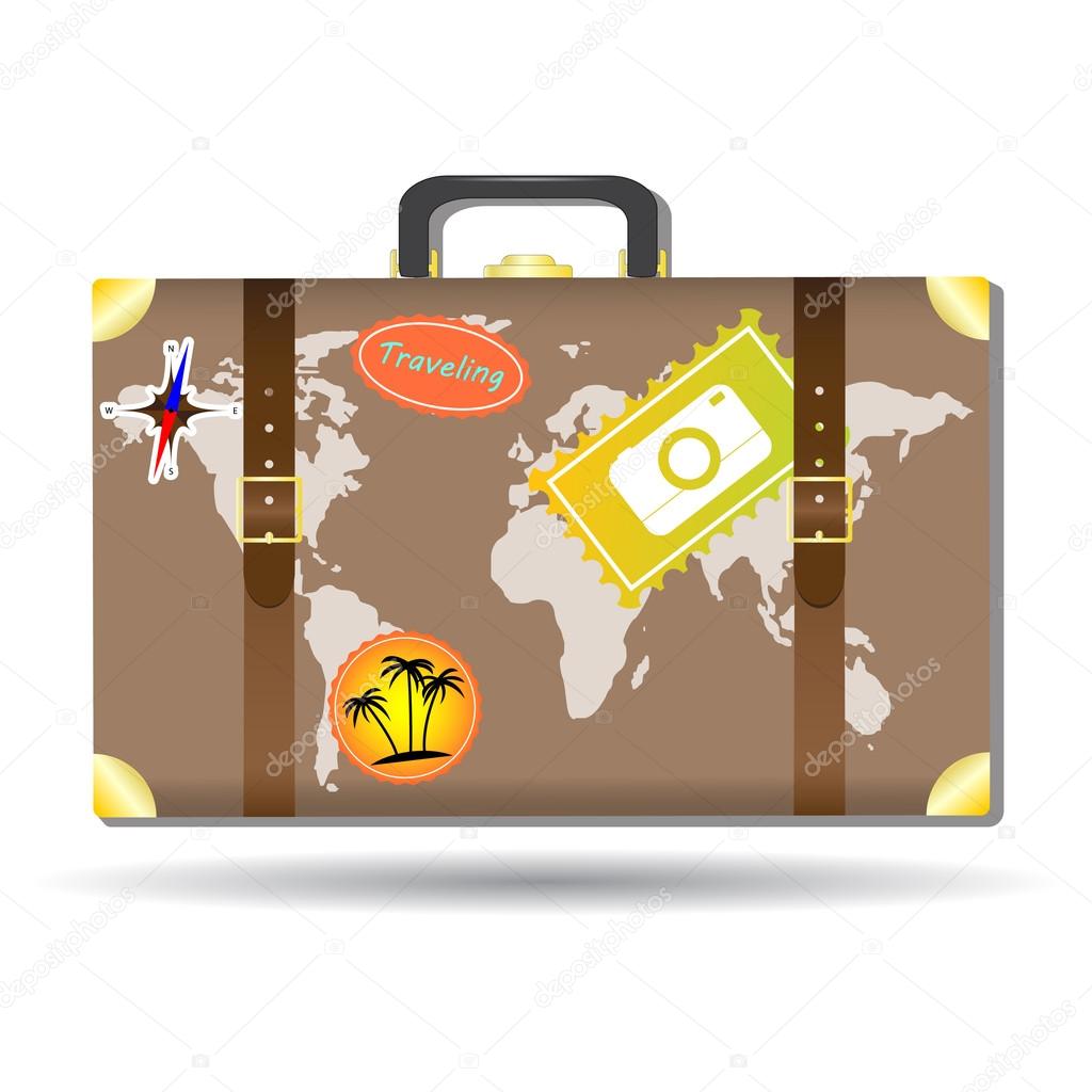 Traveling bag with stickers and world map