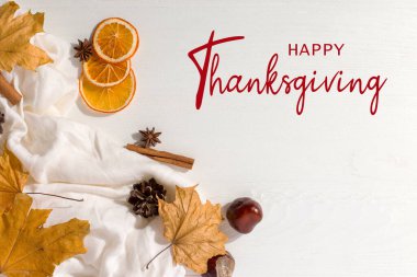 Şükran Günü selamları. Sıcak şarap, şarap, baharatlar, yapraklar, koniler, beyaz arka planda eşarp, üst manzara. Kaligrafik büyük harf yazımı.