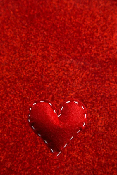 Handmade Soft Stitched Felt Heart Red Shiny Background Sequins Side — Stock Photo, Image