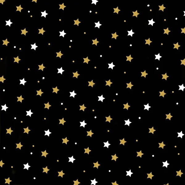 Goldglitzer Und Weiße Sterne Mit Punkten Auf Schwarzem Hintergrund — Stockfoto