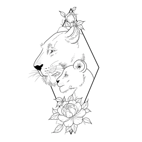 狮子和儿子与花卉素描 — 图库照片