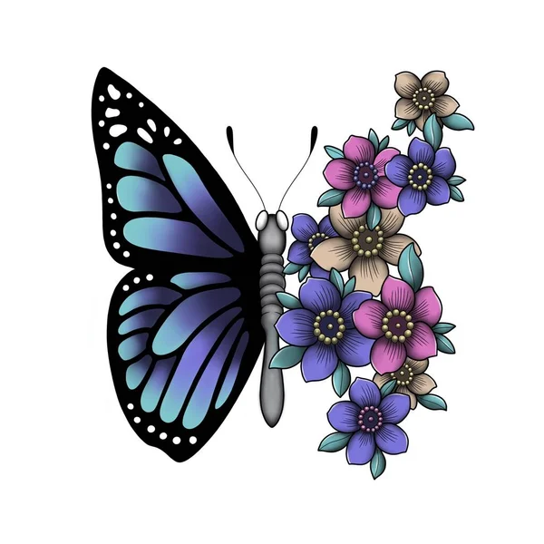 Diseño Tatuaje Mariposa Flores Imagen de stock