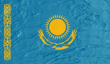 Dalgalı grunge desenli Kazakistan bayrağı. Vektör arkaplanı.