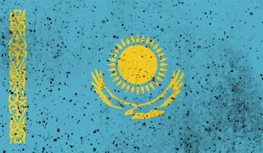 Dalgalı grunge desenli Kazakistan bayrağı. Vektör arkaplanı.