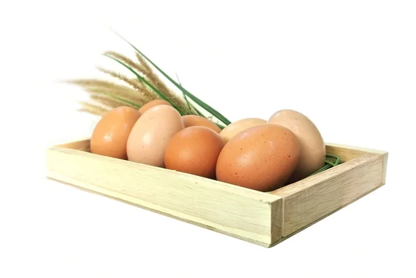 Αυγά σε ξύλινο κουτί και γρασίδι σε λευκό φόντο — Φωτογραφία Αρχείου