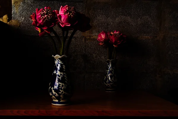 Bouquet of Pink Lotus on dark brick background, Dramatic lighting, Selective focus.