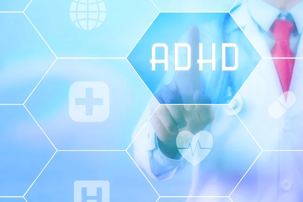 Leger som trykker på ADHD-knappen på virtuell berøringsskjerm på blå teknologisk bakgrunn – stockfoto