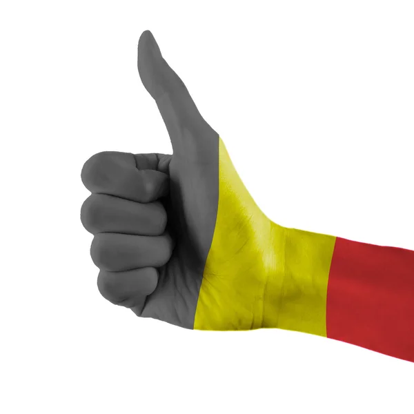 Belgium lobogója festett kéz mutatja a remek-megjelöl jel elszigetelt fehér background vágógörbével — Stock Fotó