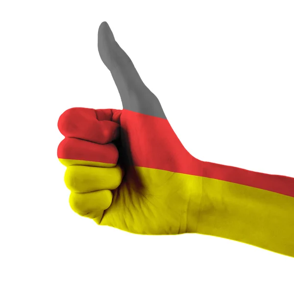 Bandera de Alemania pintada a mano mostrando pulgares hacia arriba signo sobre fondo blanco aislado con ruta de recorte —  Fotos de Stock