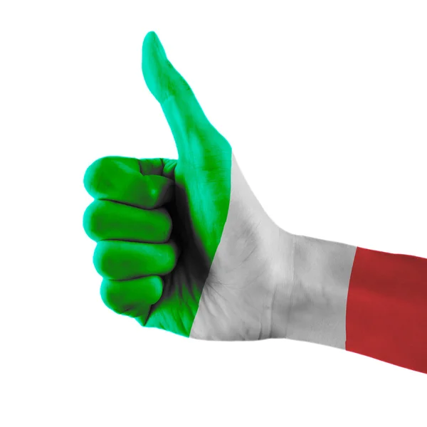 Itália bandeira pintada mão mostrando polegares para cima sinal no fundo branco isolado com caminho de recorte — Fotografia de Stock