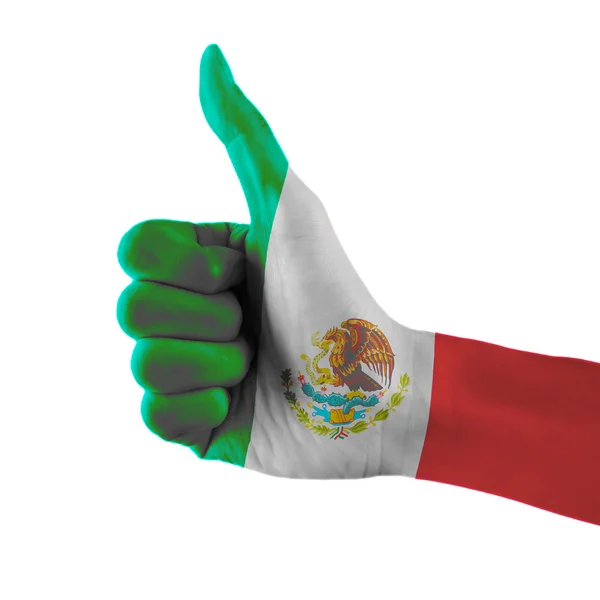 Bandera de México pintada a mano mostrando pulgares hacia arriba sobre fondo blanco aislado con ruta de recorte — Foto de Stock