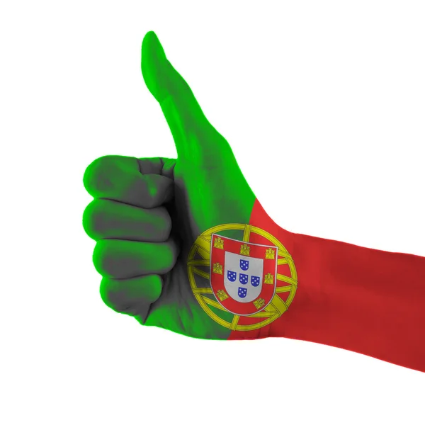 Portugal vlag geschilderd hand duimen omhoog teken waarop geïsoleerde witte achtergrond met uitknippad — Stockfoto