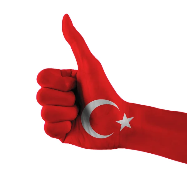 Turkije vlag geschilderd hand duimen omhoog teken waarop geïsoleerde witte achtergrond met uitknippad — Stockfoto