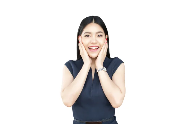 Shocked and surprised d Asian woman in white isolated — Stock Photo, Image